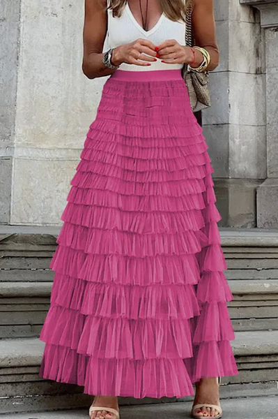 Fuchsia Pink Color One Size Fits Most Tulle Layered Maxi Skirt