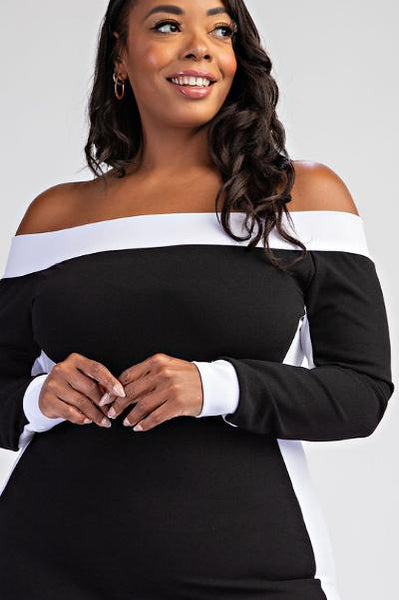 Buy Black White Off Shoulder Mid Length Dress at Social Butterfly
