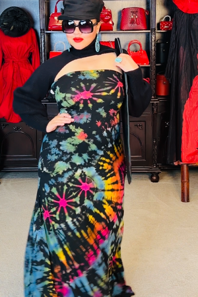 Black Rainbow Tie Dye Print Strapless Maxi Dress