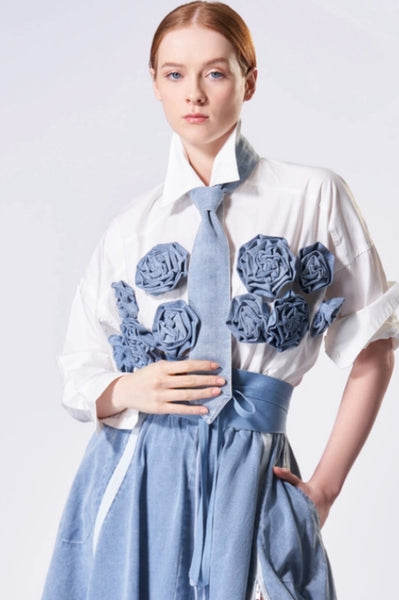 White Button Light Blue Denim Rose Detail Top