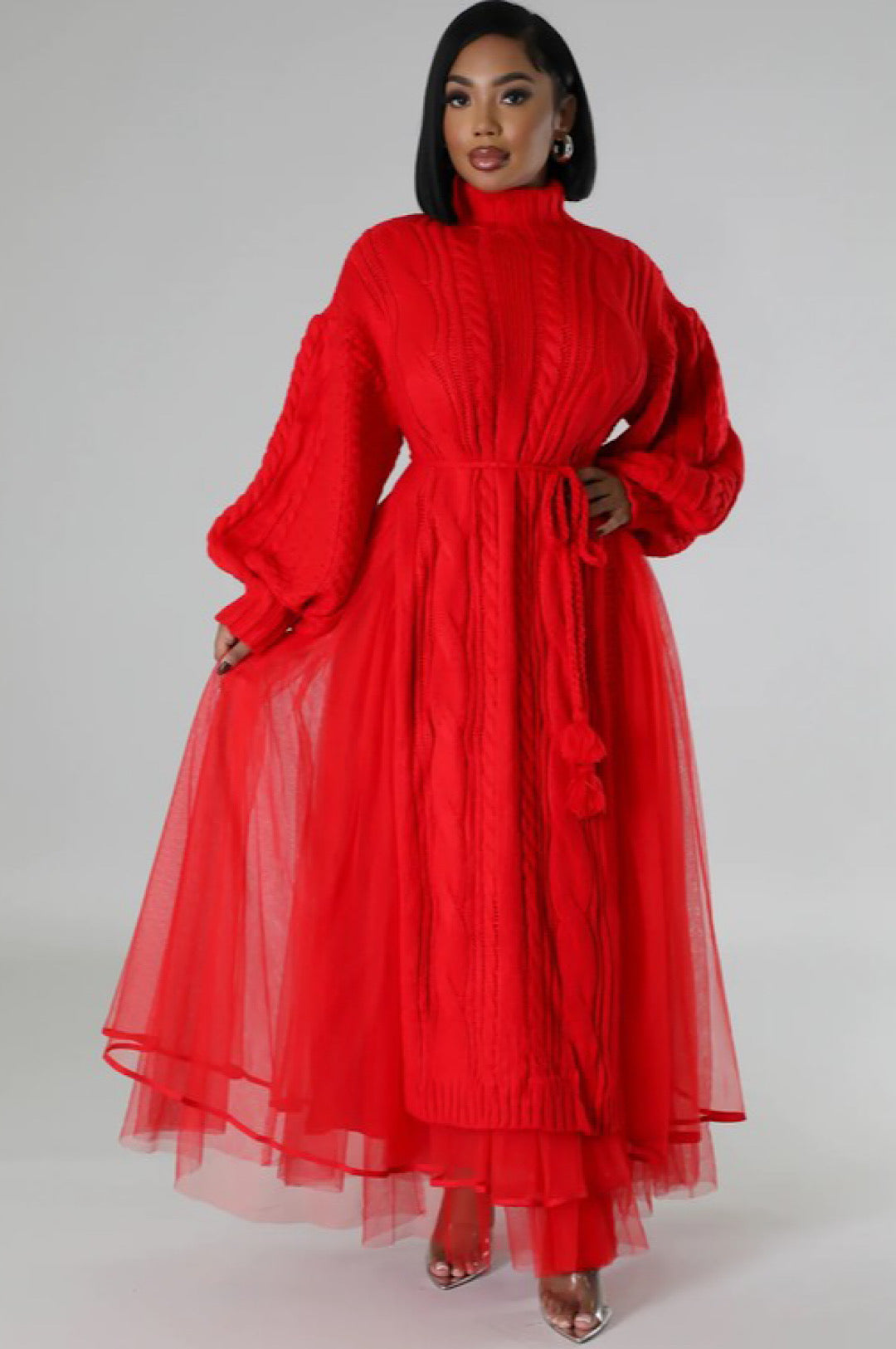 Red Knit Tulle Two Piece Skirt Set