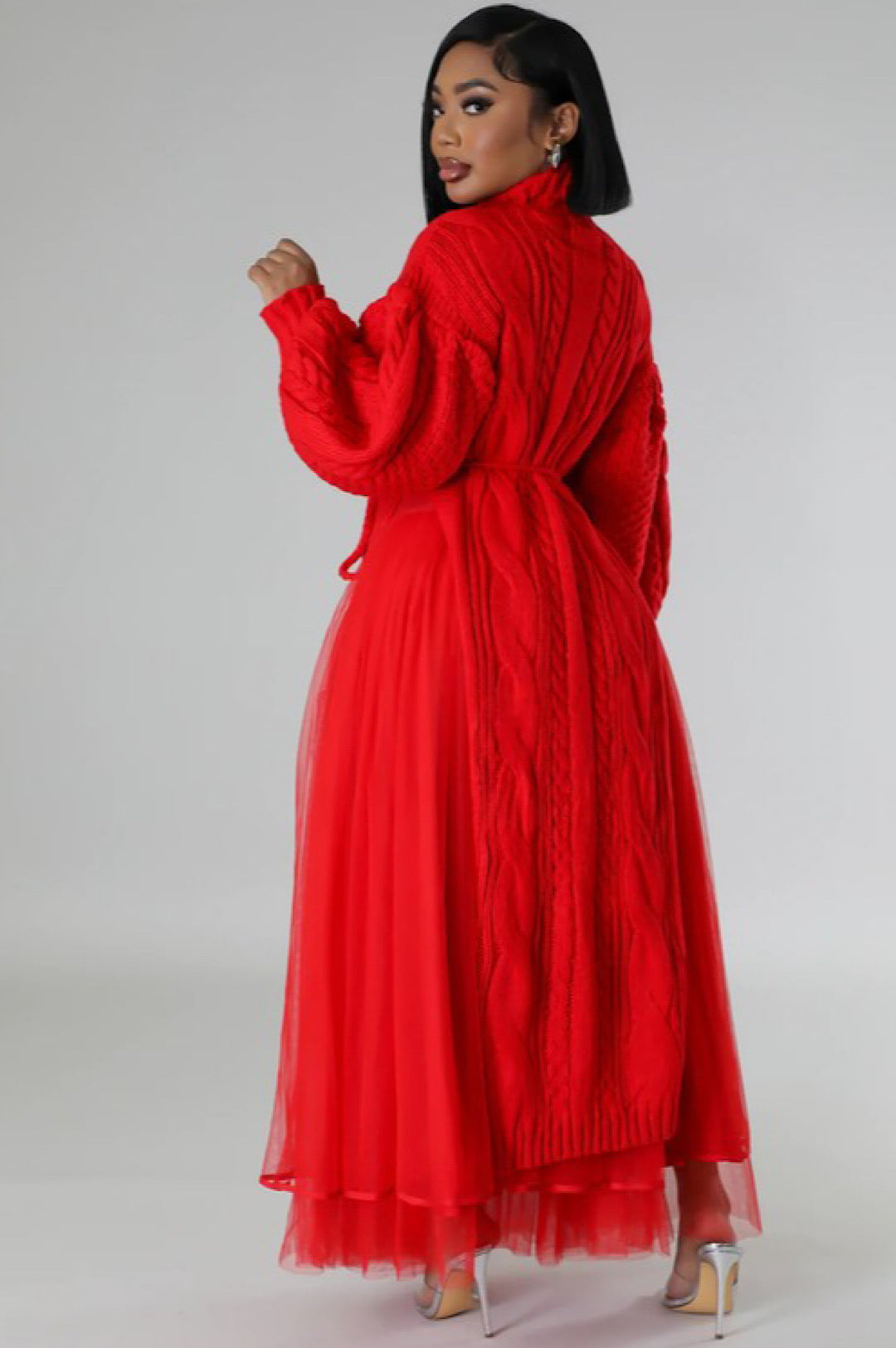 Red Knit Tulle Two Piece Skirt Set