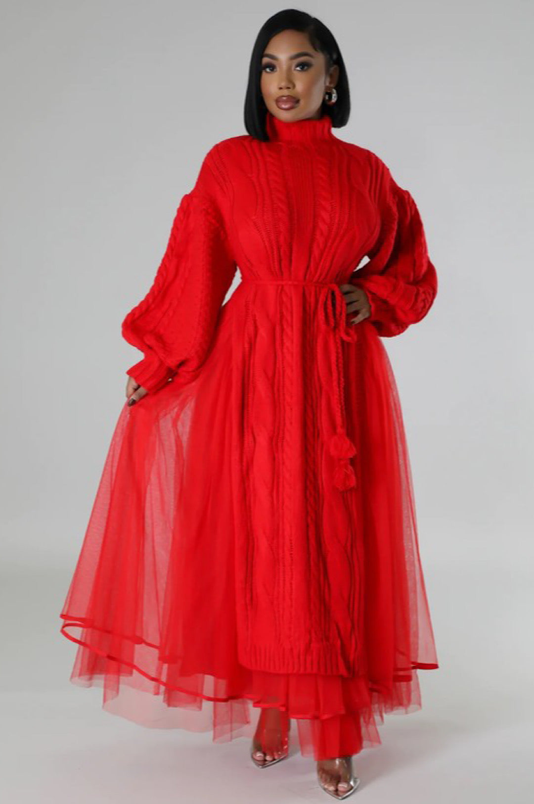 Red Knit Tulle Two Piece Skirt Set