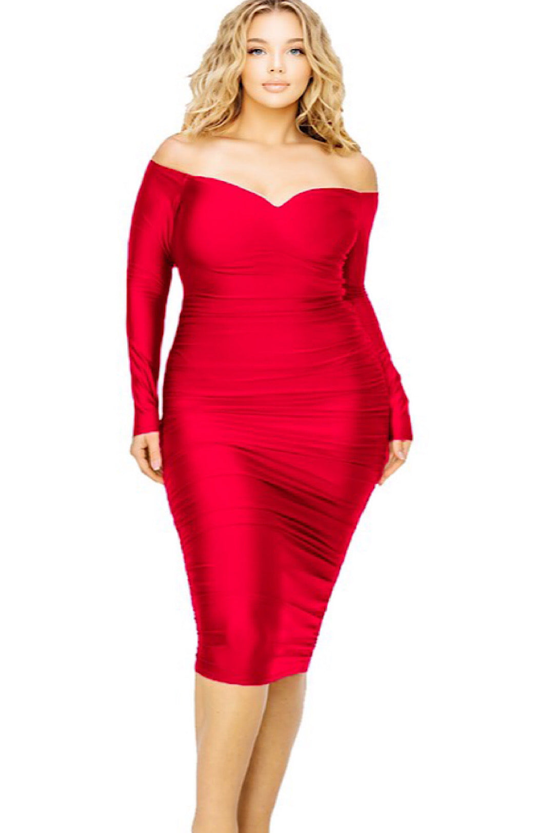Red Off The Shoulder Med Length Dress Top