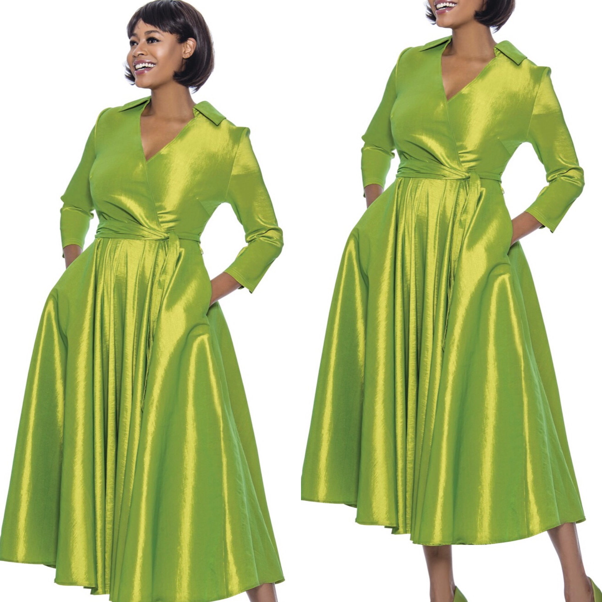 Green Classic Style Faux Wrap Dress (7563548786862)