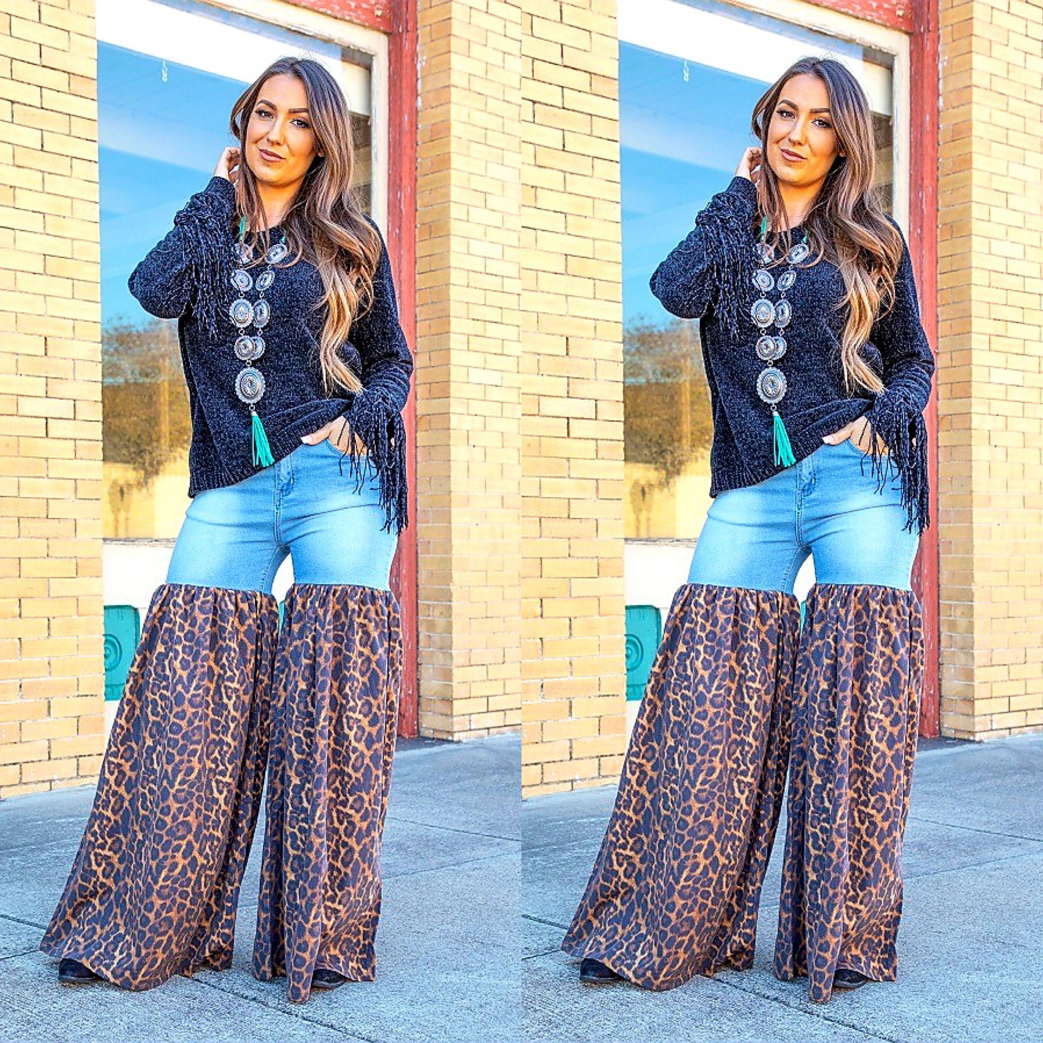 Distressed Light Denim Animal Print Palazzo Wide Leg Jeans (6093893107886)
