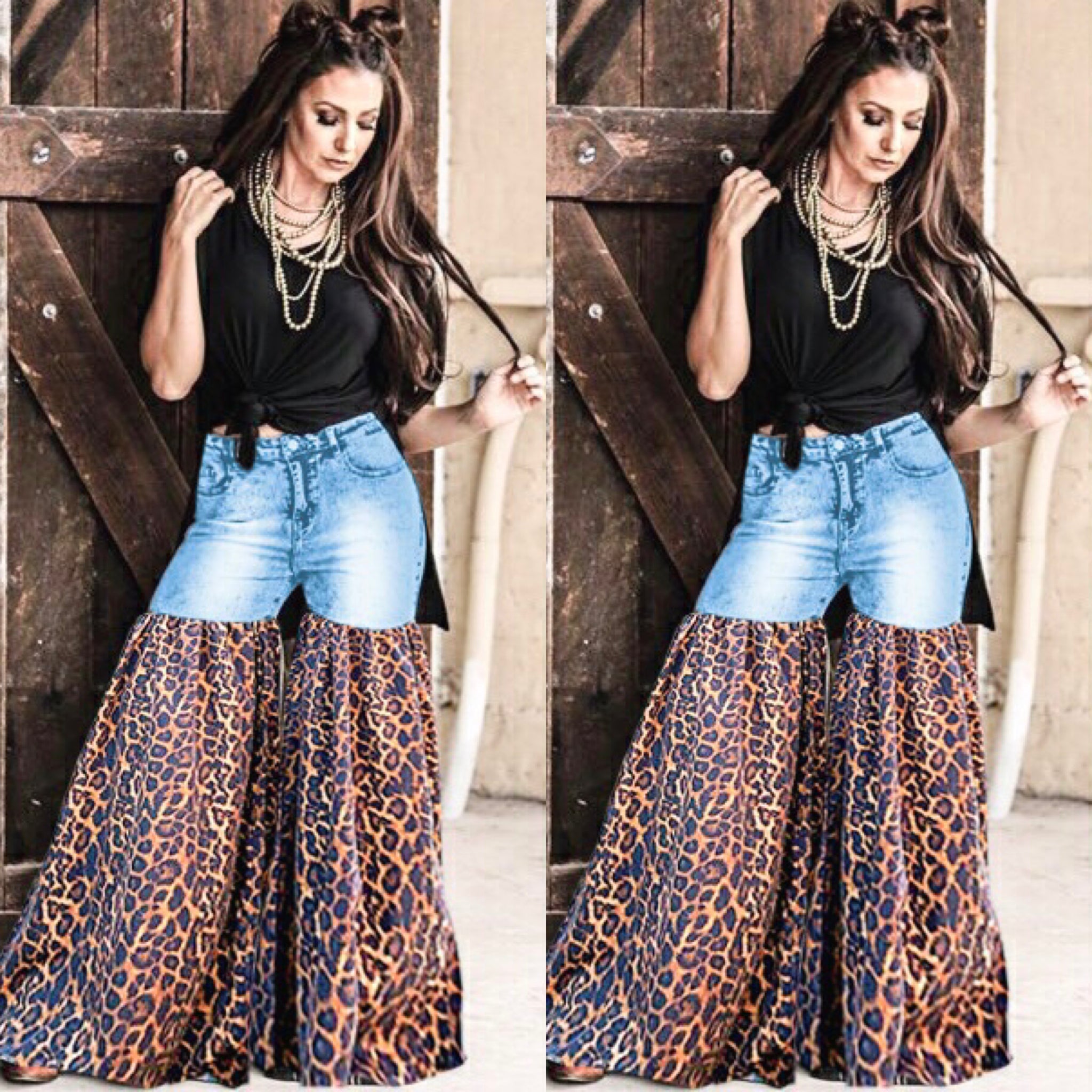 Distressed Light Denim Animal Print Palazzo Wide Leg Jeans (6093893107886)