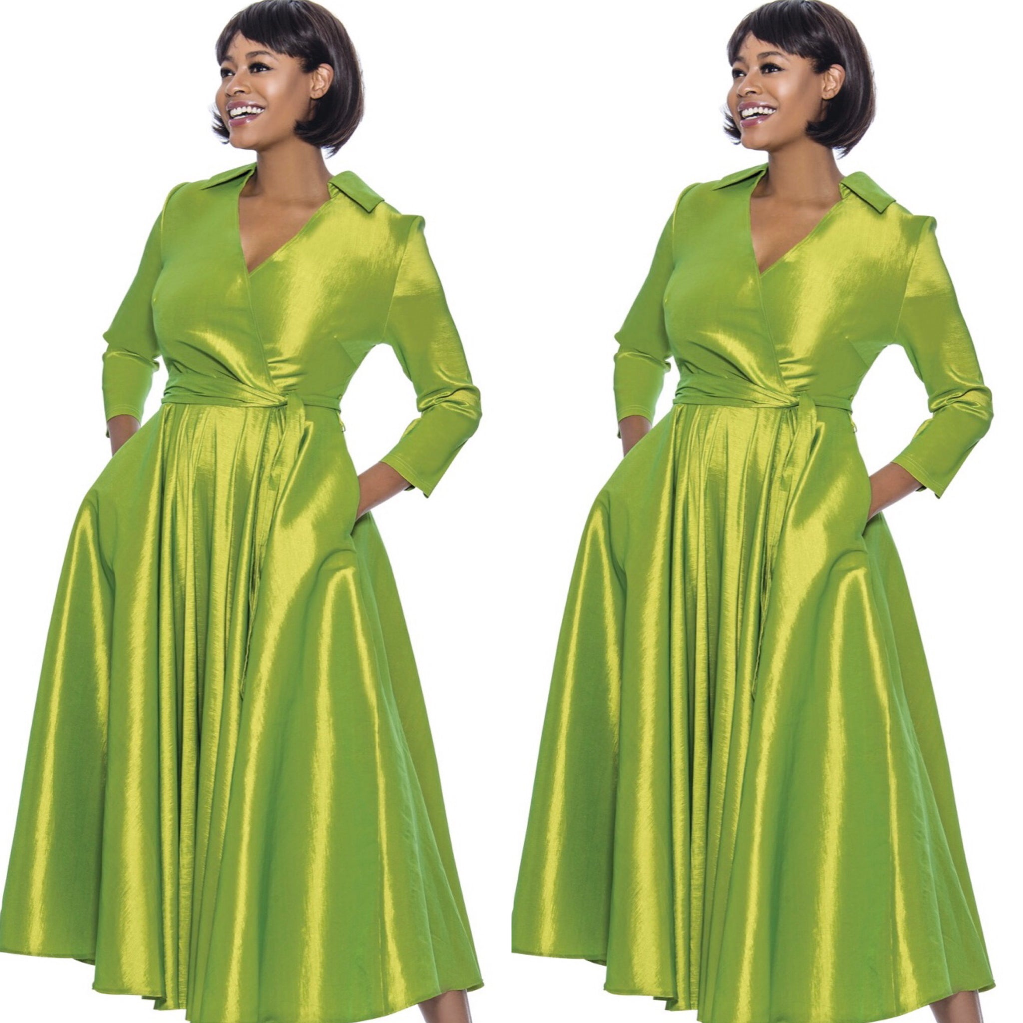 Green Classic Style Faux Wrap Dress (7563548786862)