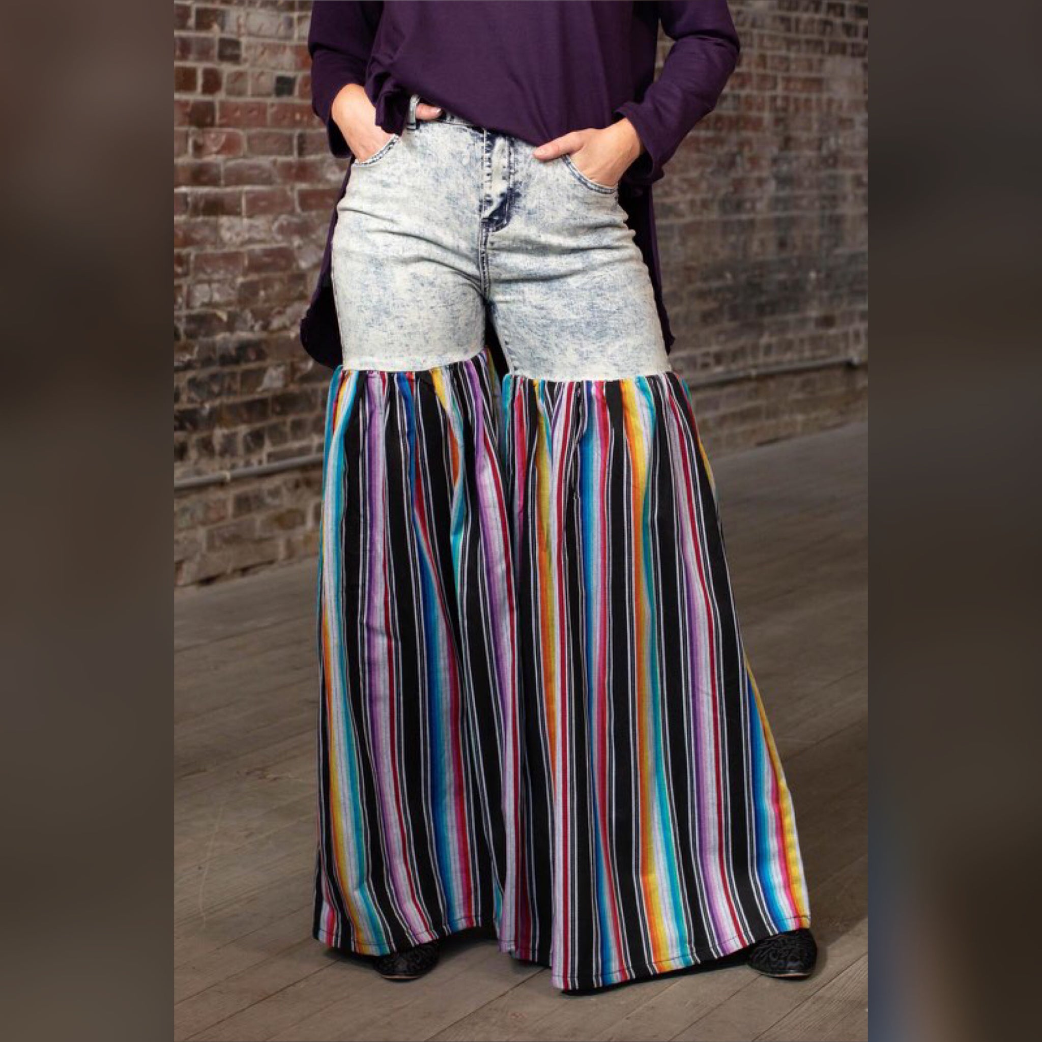 Distressed Light Denim Black Multi Color Palazzo Wide Leg Jeans (6129369252014)