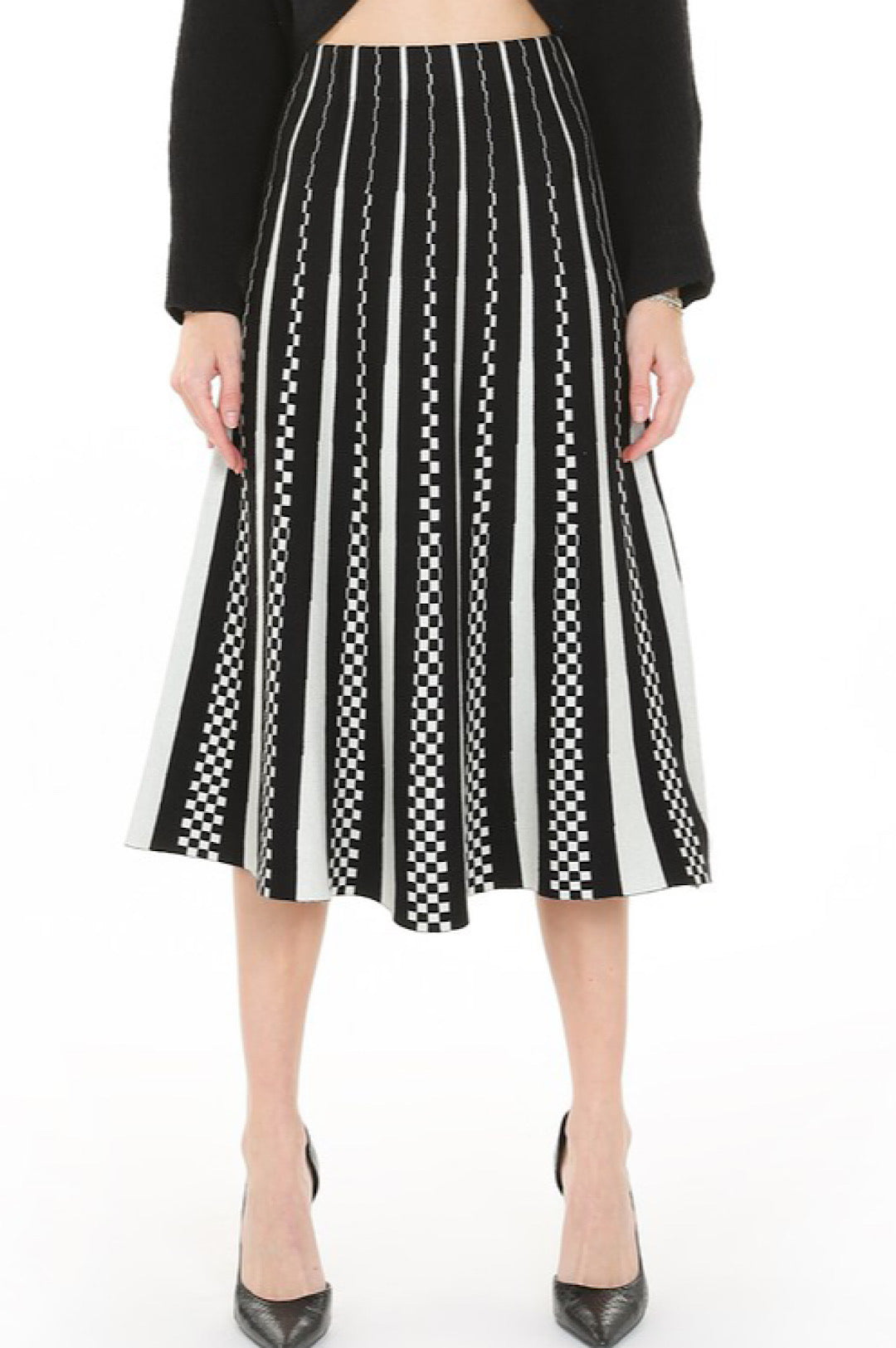 Black White Pleated Knit Skirt (7956283424942)