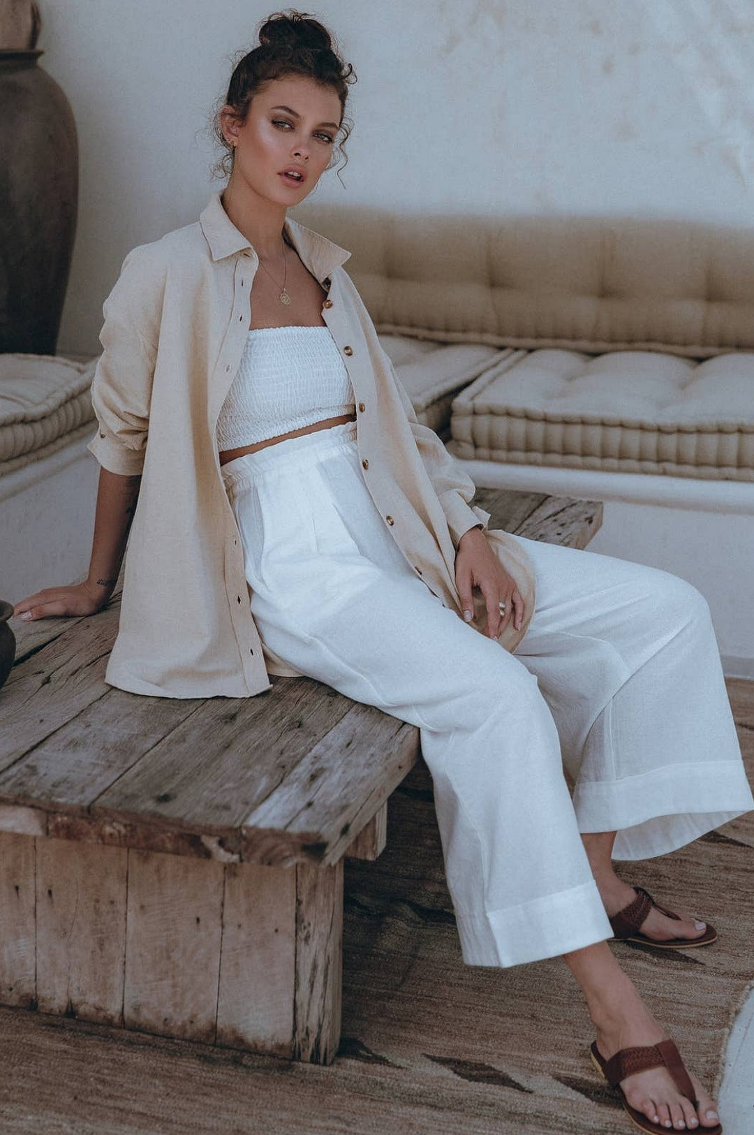 Off White Wide Leg Linen Pants (7709444014254)