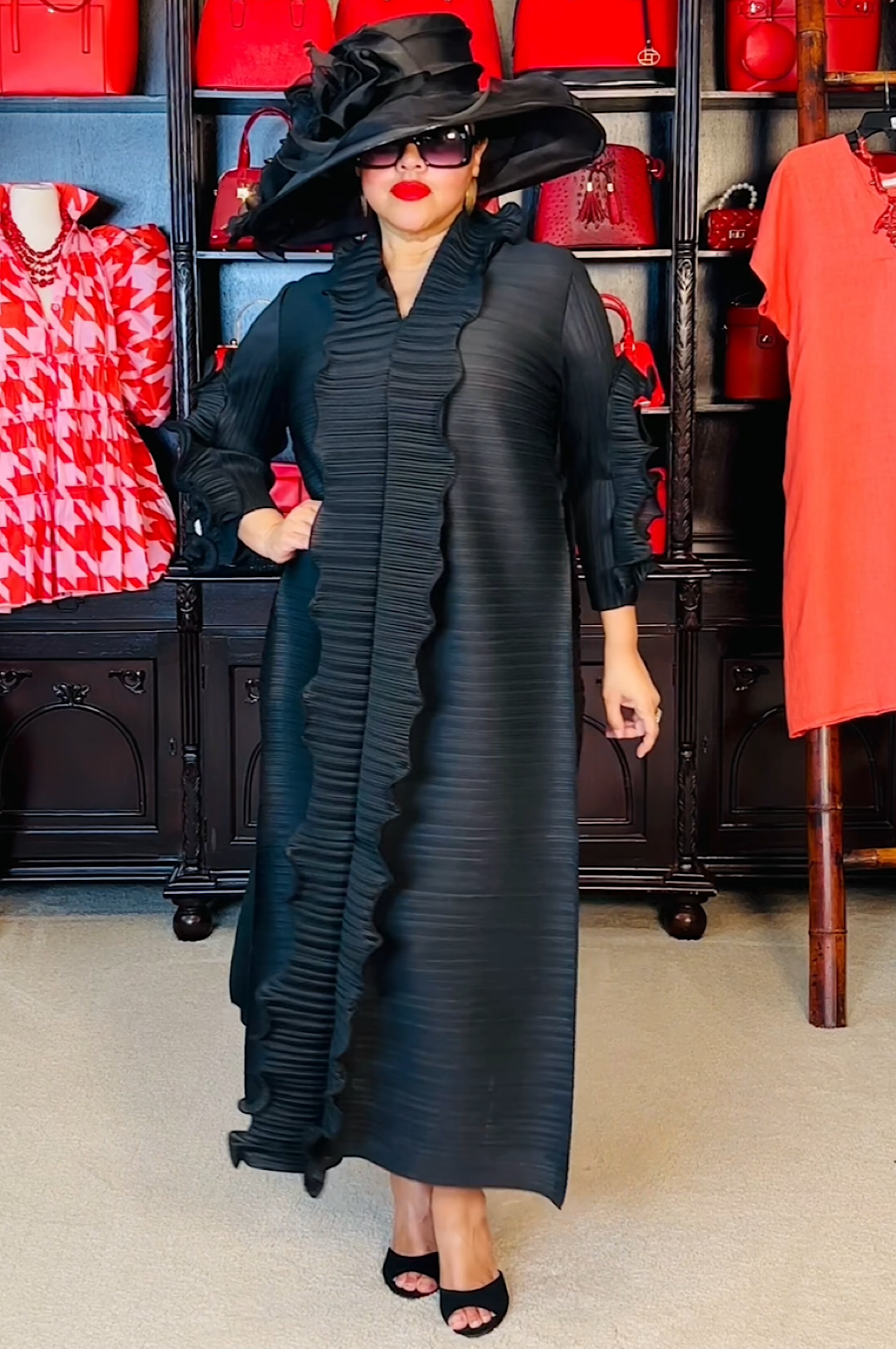 Black Front Ruffle Long Dress (7961138266286)