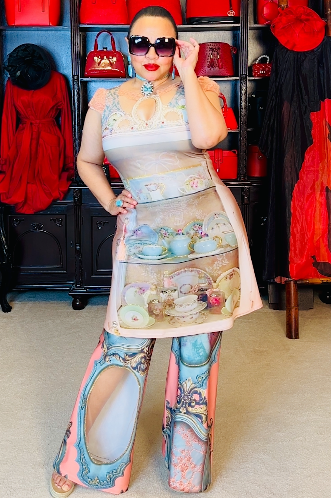 The Art of Fashion Pink Blue Teacup Motif Dress Top