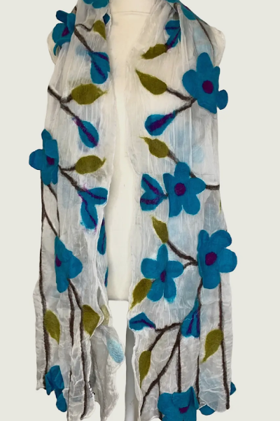 White Teal Blue Flower Scarf