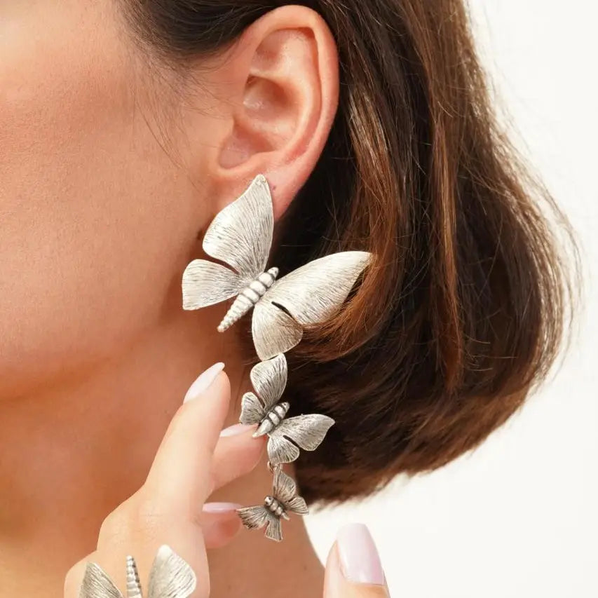 Triple Butterfly Earring Ring Silver Artisan Set
