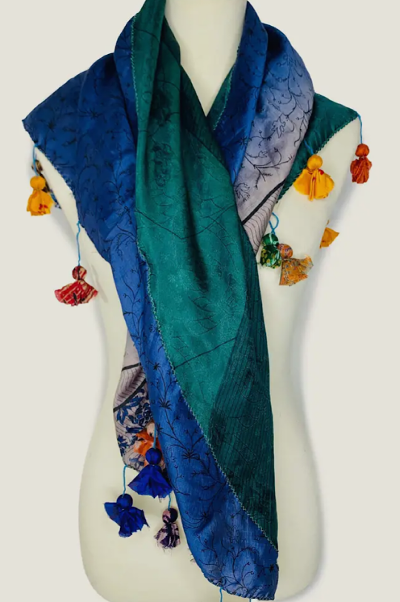 Teal Turquoise Blue Multi Tassel Scarf