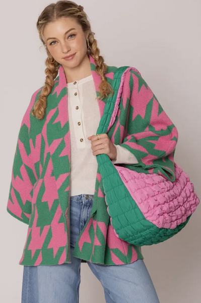 Pink Green Quilted Shoulder Handbag