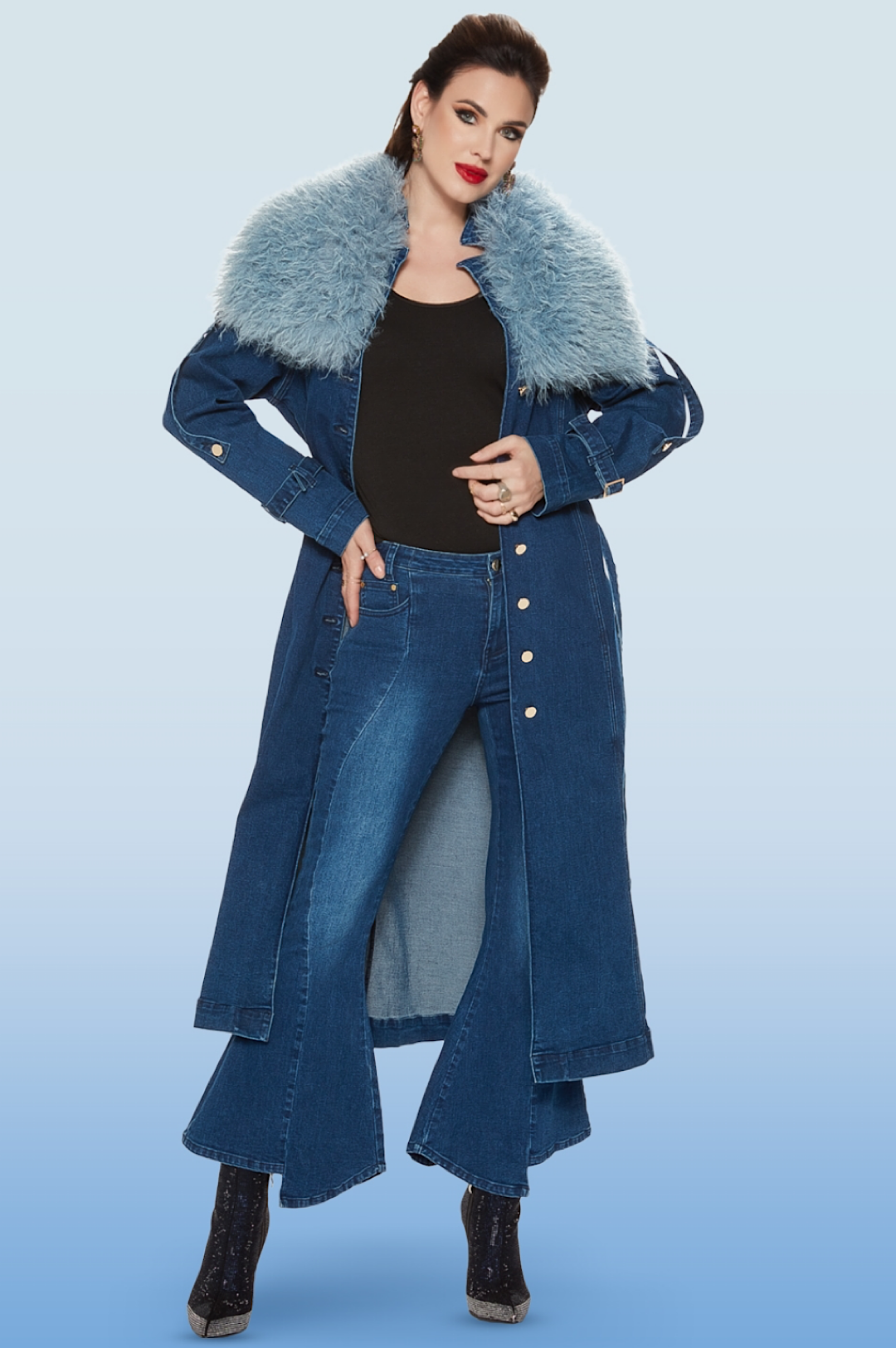 Jean Denim Blue Faux Fur Collar Coati