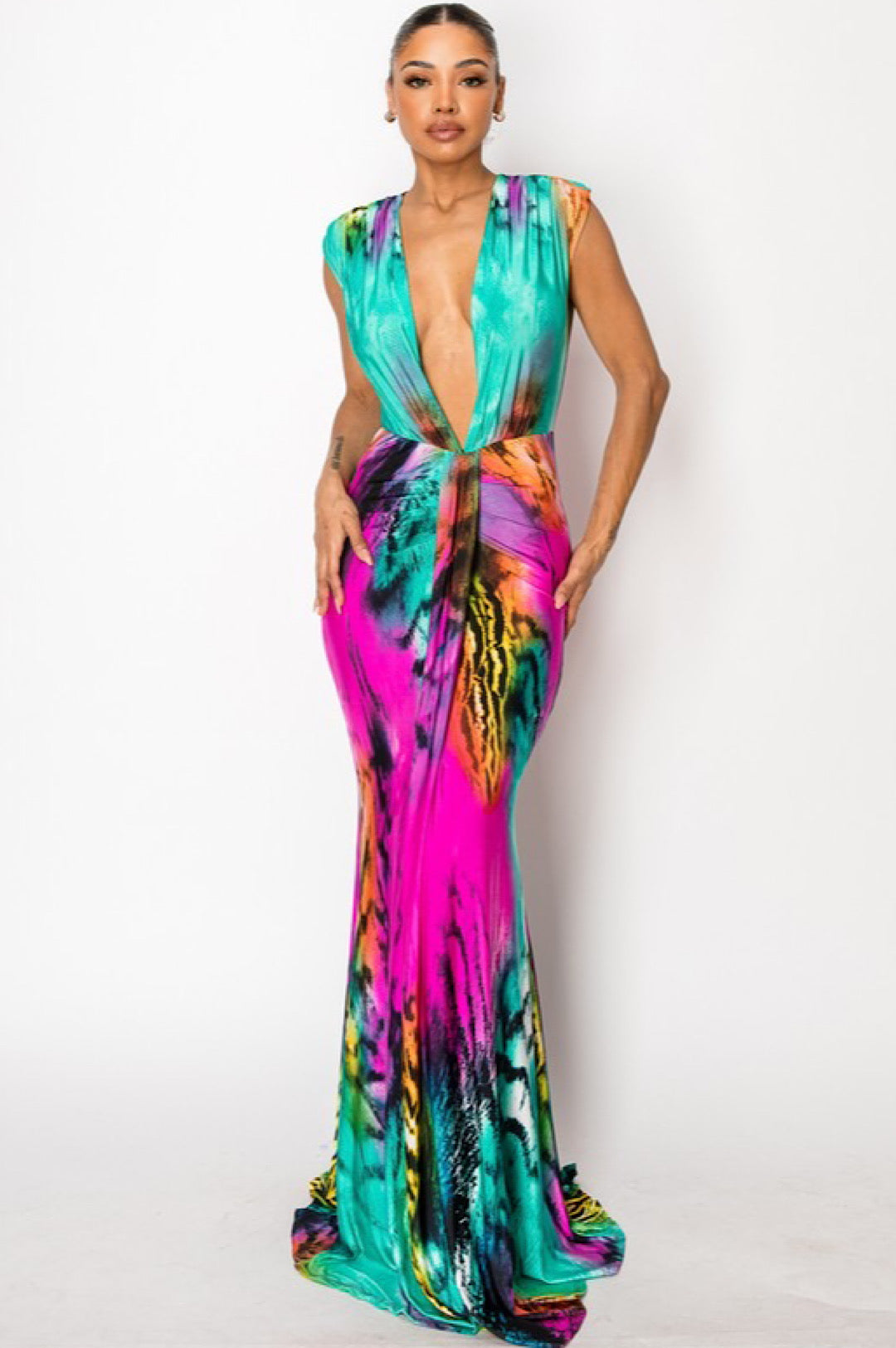 Multi Color Turquoise Pink Long Mermaid Style Dress