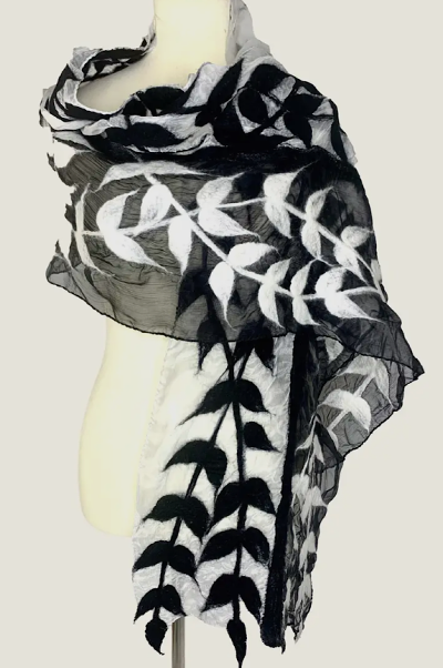 Black White Leaf Motif Scarf Shawl