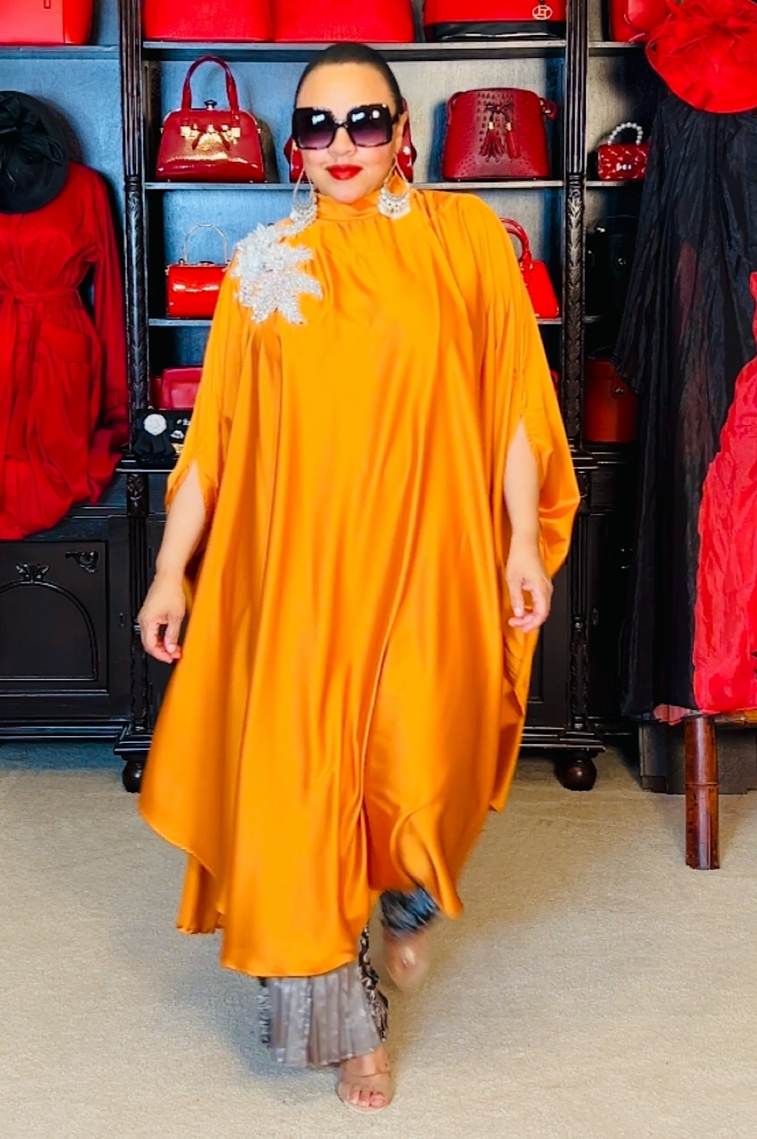 Silky Orange Silver Detail Kaftan