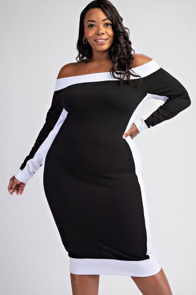 Black White Off Shoulder Mid Length Dress