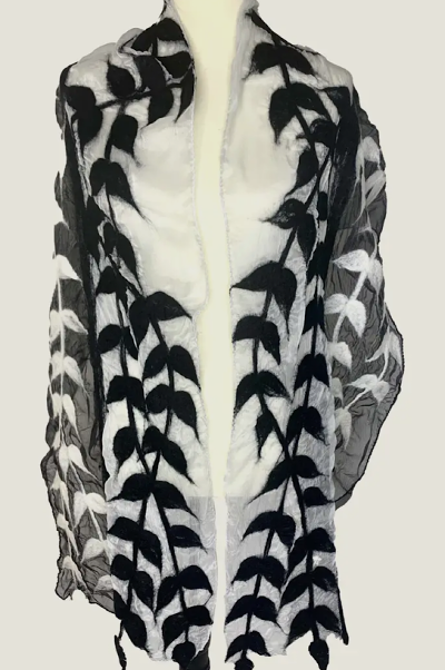 Black White Leaf Motif Scarf Shawl