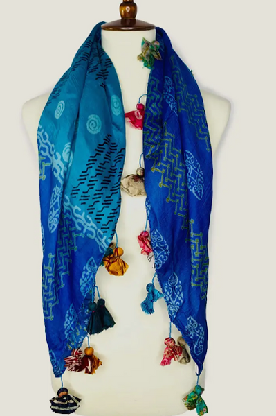 Teal Turquoise Blue Multi Tassel Scarf