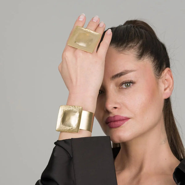Gold Oversized Square Artisan Ring & Bracelet Set