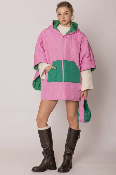 Pink Green Hoodie Puffer Zipper Cape