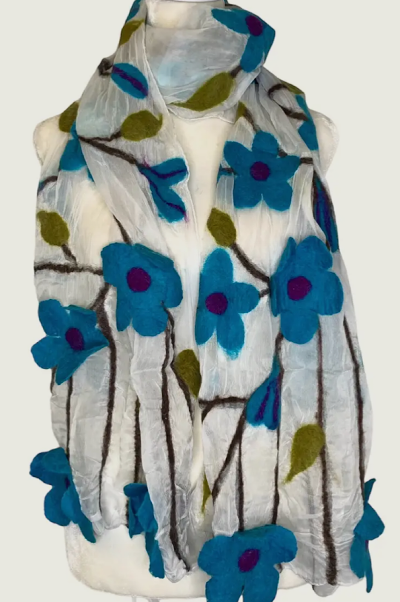 White Teal Blue Flower Scarf