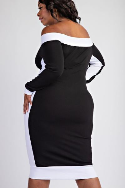 Black White Off Shoulder Mid Length Dress