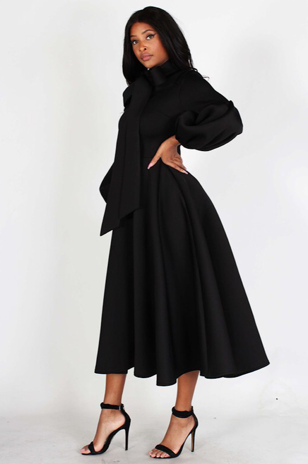 Black Necktie Mid Length Dress (7979272634542)