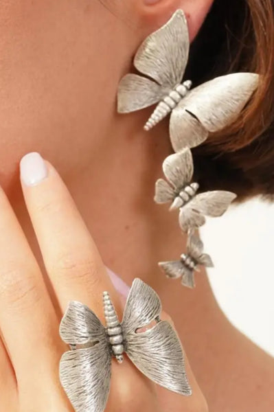 Triple Butterfly Earring Ring Silver Artisan Set