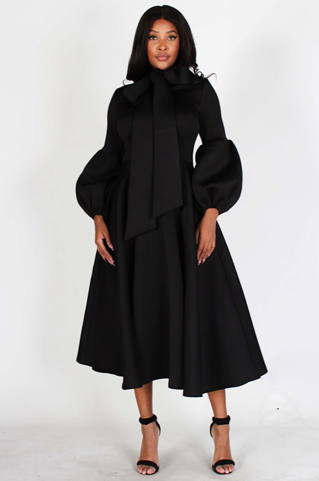 Black Necktie Mid Length Dress (7979272634542)