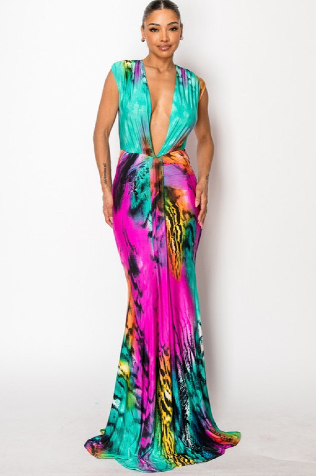 Multi Color Turquoise Pink Long Mermaid Style Dress