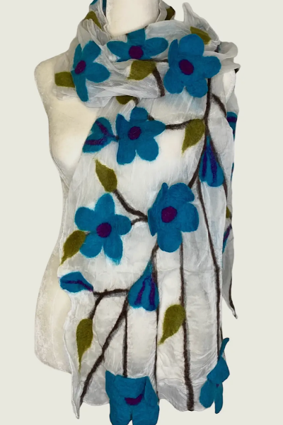 White Teal Blue Flower Scarf