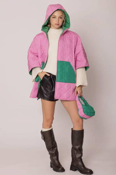 Pink Green Hoodie Puffer Zipper Cape