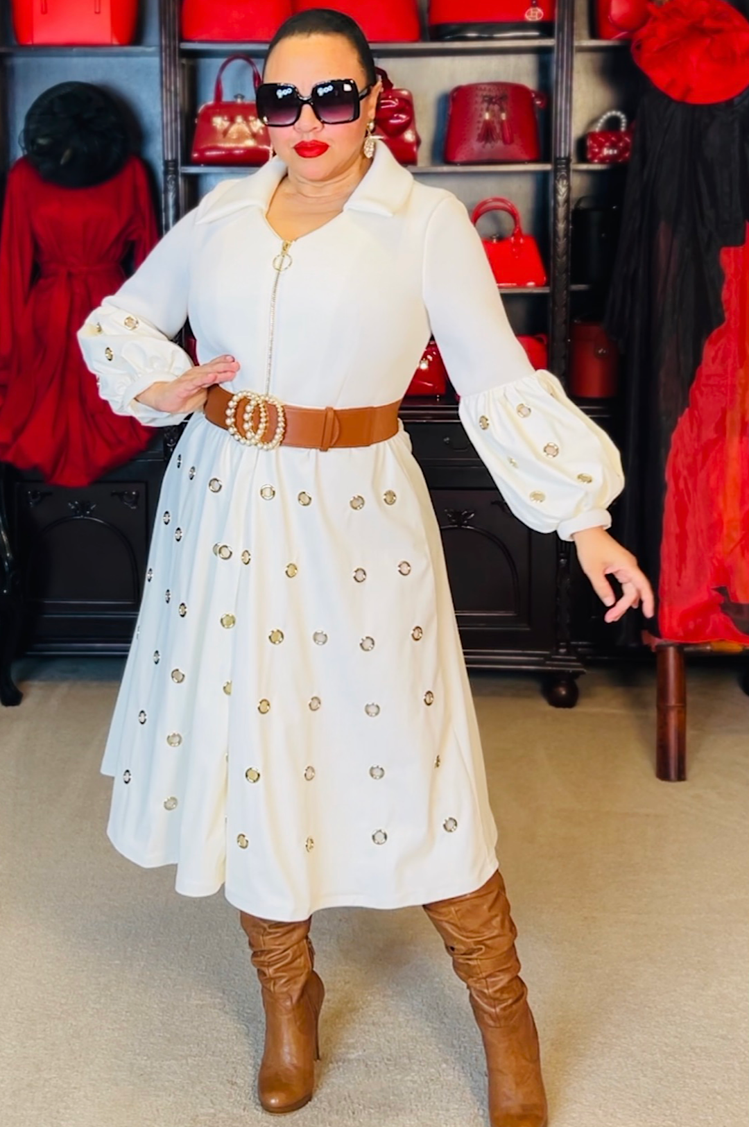 Winter White Faux Leather Gold Grommet Dress