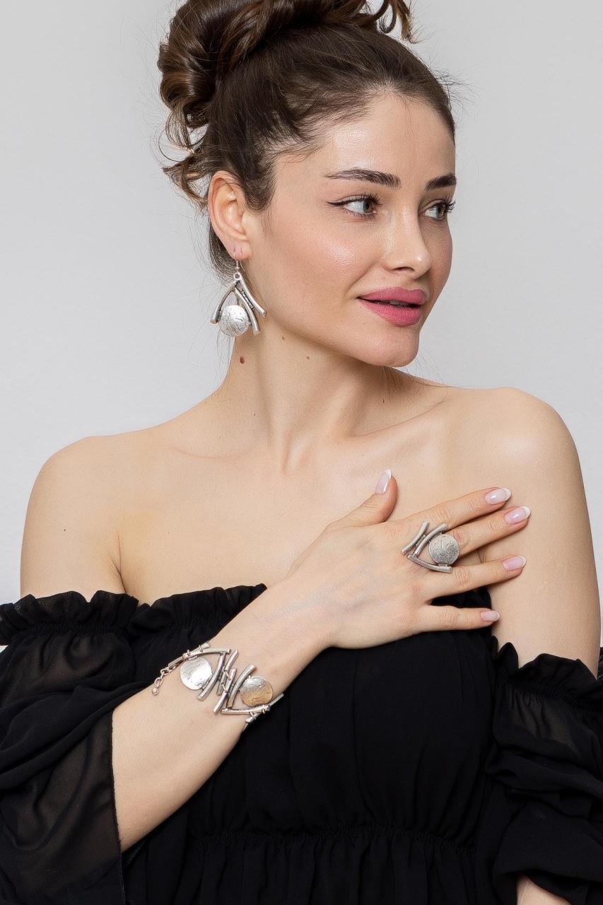 Abstract Three Piece Bracelet Ring Earring Silver Artisan Set