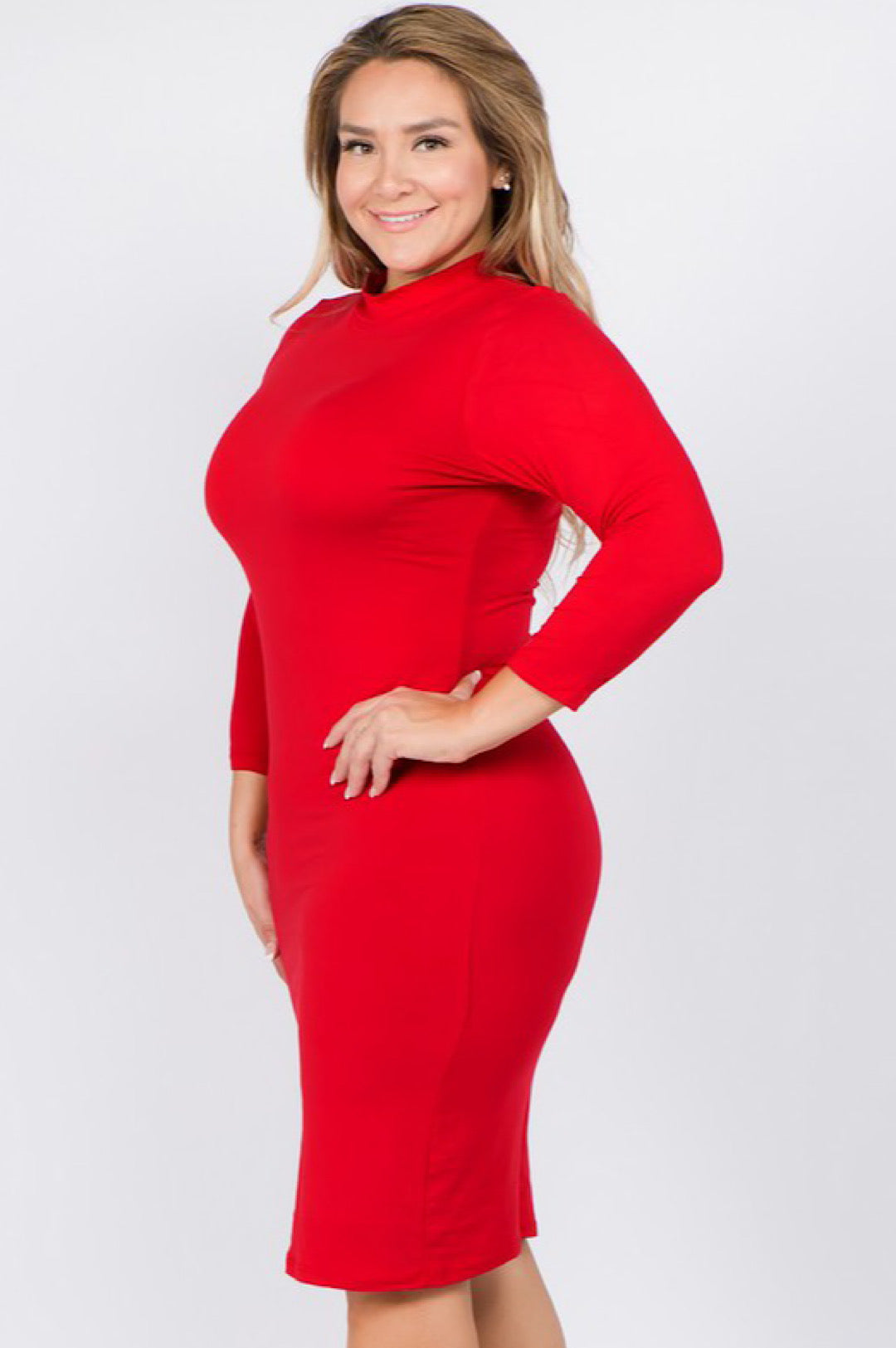 Red Mock Neck Form Fitted Dress Dress