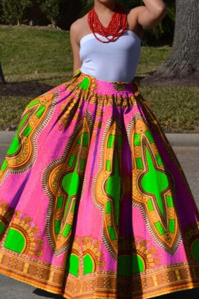 One Size Pink Green Cotton Maxi Skirt