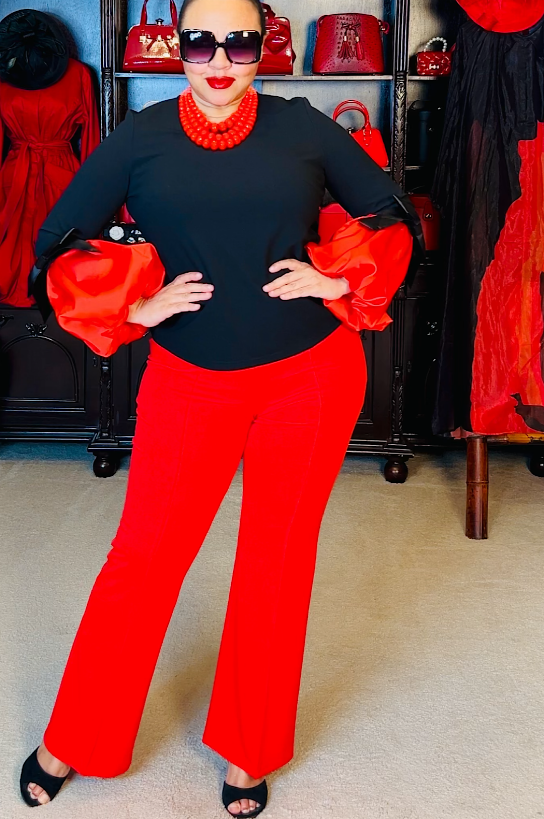 Red Techno Crepe Front Seam Pants