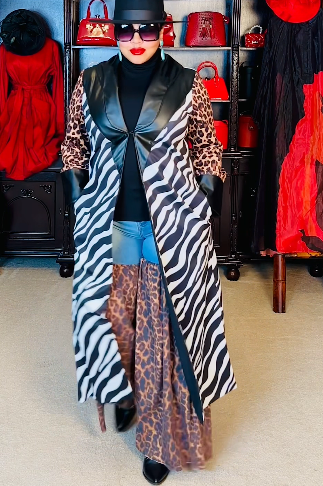 Faux Leather Animal Print Duster Jacket