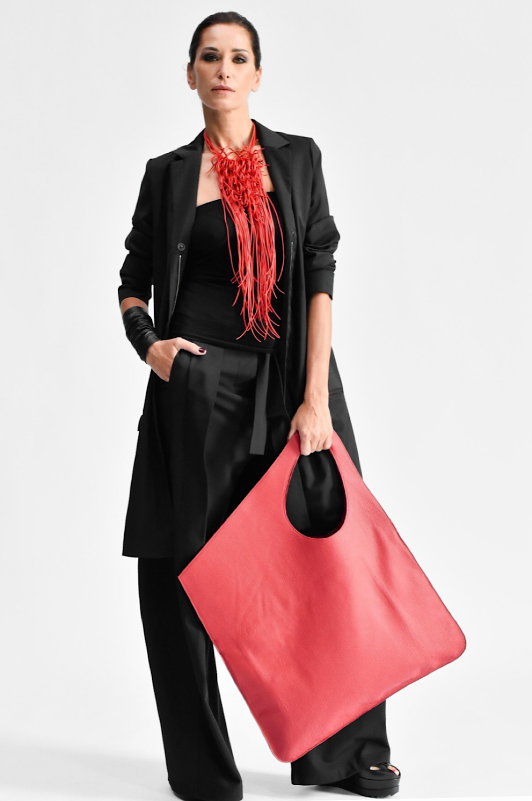 Rectangular Genuine Leather Red Handbag