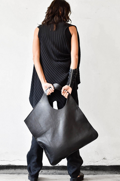Black Rectangular Genuine Leather Handbag