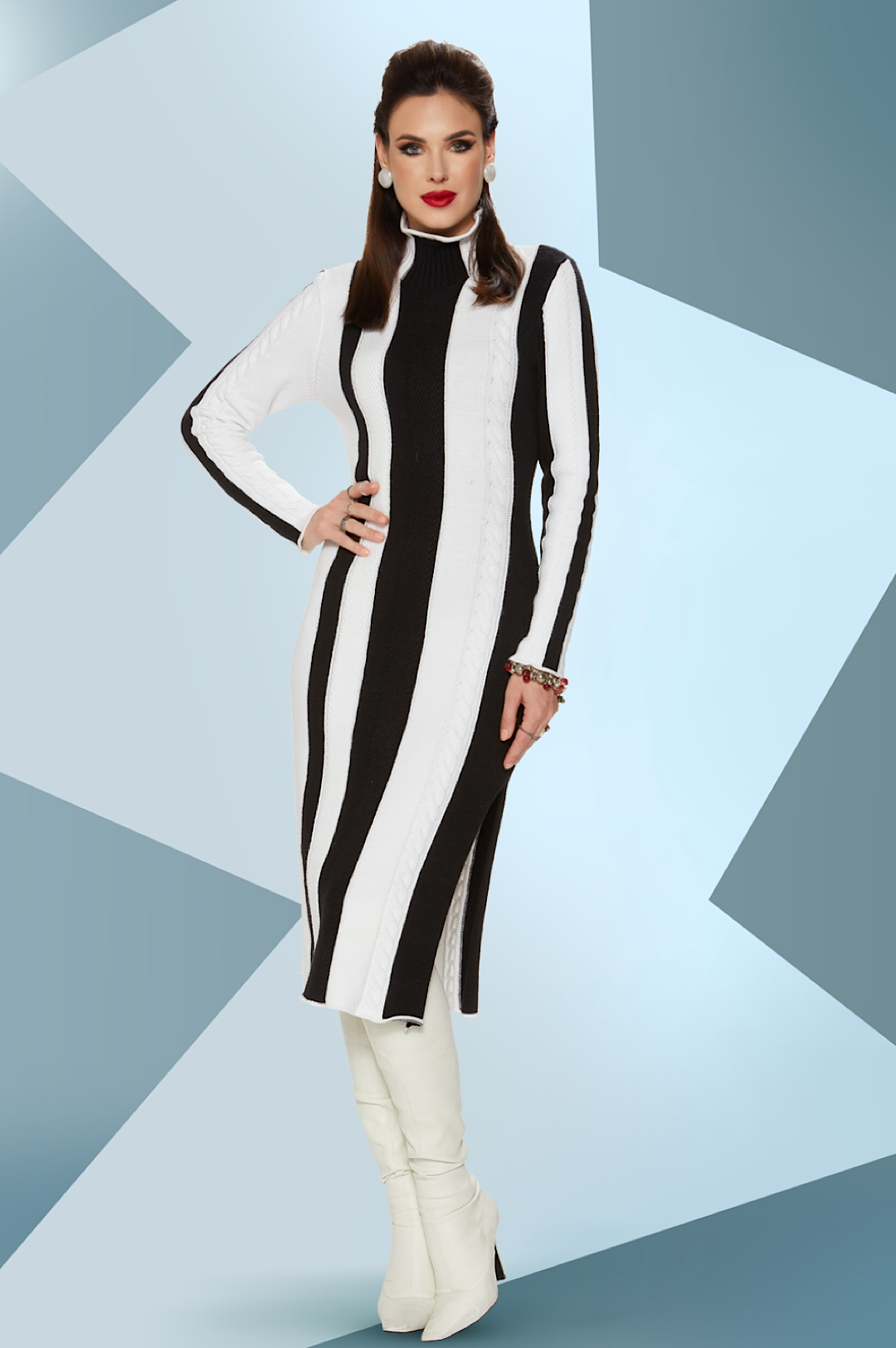 Black White Mid Length Knit Dress