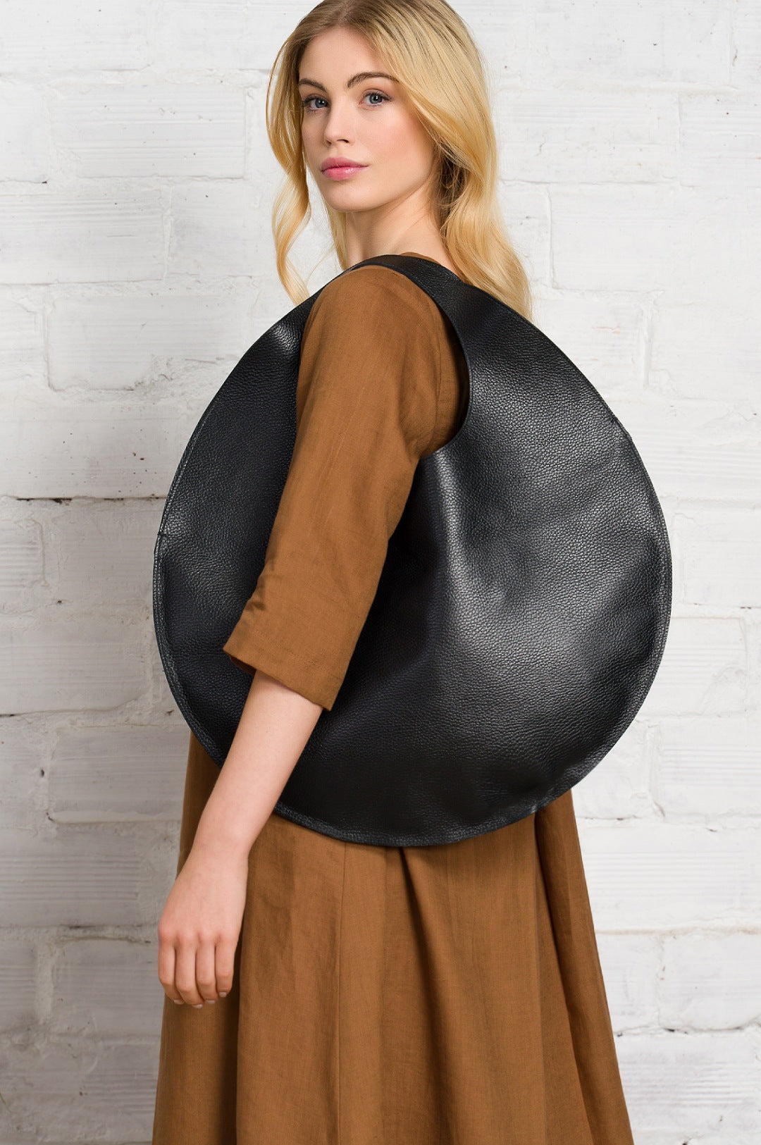 Black Genuine Leather Round Handbag