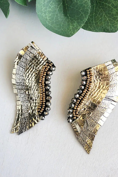 Two Tone Gold Silver Wing Beaded Earrings