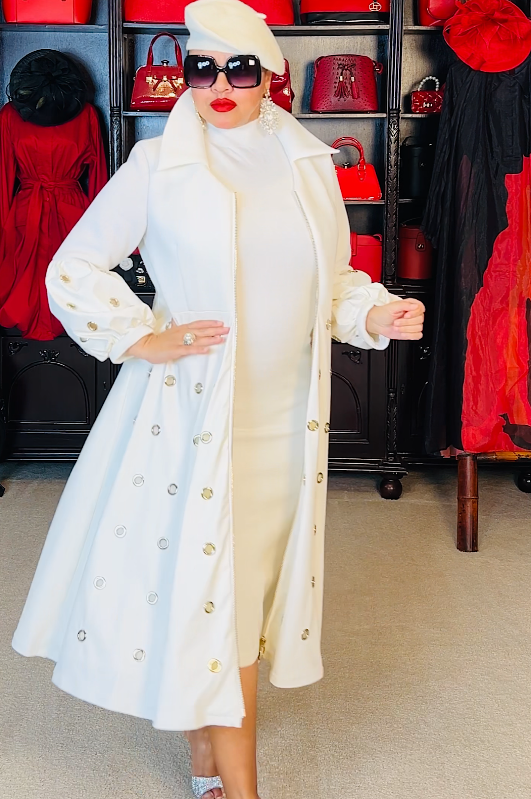 Winter White Faux Leather Gold Grommet Dress